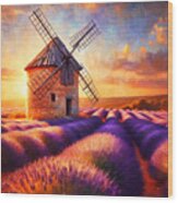 An Old Windmill On A Lavender Field In Provence, With A Sunset Backdrop. Wood Print
