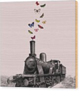 Antique Steam Engine With Butterflies Wood Print