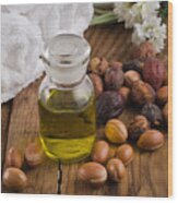 Argan Oil With Fruits Wood Print