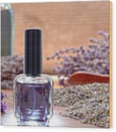 Aromatherapy Perfume Bottle And Lavender Flowers Wood Print
