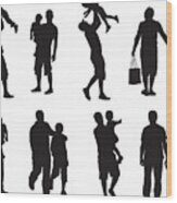 Assortment Of Silhouette Images Of Father And Children Wood Print