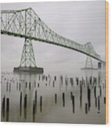 Astoria-megler Bridge Across Columbia River On Foggy Morning Wood Print