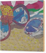 At The Beach Sunglasses Lying On The  Sand With A Hermit Crab And Beach Towel Wood Print