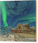 Aurora Borealis And Boat Wood Print