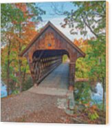 Autumn Colors At Henniker Covered Bridge And Contoocook River Wood Print