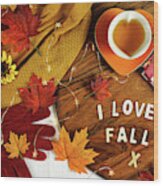 Autumn Fall Theme Flatlay With Cozy Sweater, Bagels And Cups Of Herbal Tea. Wood Print