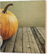 Autumn Pumpkins Still Life On Vintage Wooden Table And Rustic Ba Wood Print