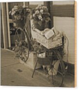 Bakery In Bicycle Basket And Flowers In Sepia Wood Print