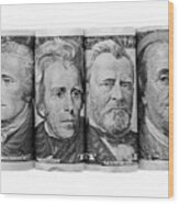 Bank Notes Black And White Wood Print