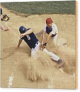 Baseball Player Sliding Into Home Plate Wood Print