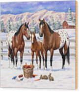 Bay Appaloosa Horses In Snow Wood Print