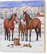 Bay Quarter Horses In Snow Wood Print