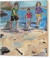 Family Jogging On The Beach. Wood Print