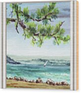 Beach House Window View To Ocean And Sailboat Watercolor Xvii Wood Print