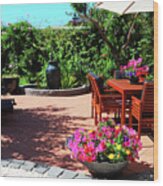 Beautiful Summertime Mediterranean Style Courtyard Garden Setting. Wood Print