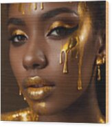 Beautiful Woman Face With Golden Lipstick Wood Print