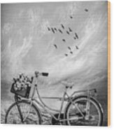 Bicycle At The Lake Beach Ii Black And White Wood Print