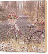 Bicycle In Flowers Cottage Hues Wood Print