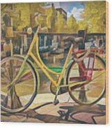 Bicycles On The Canals Abstract Painting Wood Print