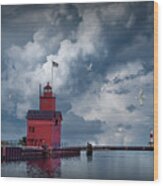 Big Red Lighthouse With Large Cloudy Sky And Flying Gulls At Ott Wood Print