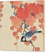 Bird Red Ivy And Berries Wood Print