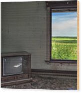 Black And White Tv, Color Window - View Of Nd Prairie From Within Living Room Of Abandoned Farm Home Wood Print