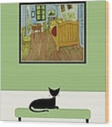 Black Cat Admires Van Gogh Bedroom Wood Print