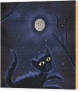 Black Cat Full Moon Wood Print