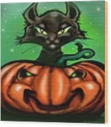 Black Cat N Pumpkin Wood Print