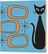 Black Cat With Mod Oblongs Blue Wood Print