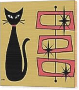 Black Cat With Mod Rectangles Yellow Wood Print