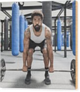 Black Man Lifting Barbell In Gymnasium Wood Print