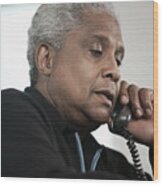 Black Man Talking On Telephone Wood Print