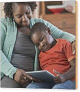 Black Mother And Son Using Digital Tablet Together Wood Print