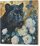 Black Panther In Roses Wood Print