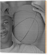 Black Teenage Male With Basketball In Black And White Wood Print