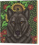 Black Wolf Sunflowers Wood Print