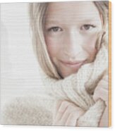 Blond Woman Wears A Cosy Woolen Pull-over Wood Print