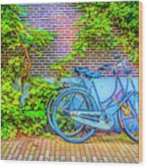 Blue Bicycles On The Sidewalk Wood Print