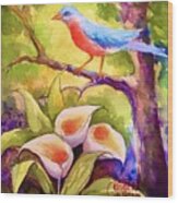 Blue Bird Whispers Wood Print
