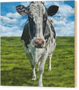 Blue Sky, Green Grass And A Cow -  Farmhouse Painting Wood Print
