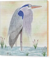 Blue Heron Standing Wood Print