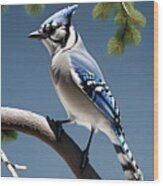 Blue Jay Perched On A Tree Branch. Wood Print