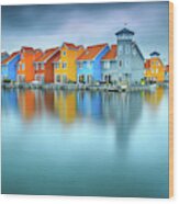 Blue Morning At Waters Edge Groningen Netherlands Europe Coastal Landscape Photograph Wood Print