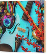 Blue Violin And Ornaments Wood Print