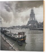 Boat And Eiffel Tower Wood Print