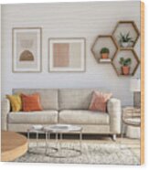 Bohemian Living Room Interior - 3d Render Wood Print