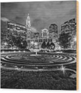 Boston Armenian Heritage Park Sculpture Boston Ma Skyline Black And White Wood Print