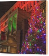 Boston City Hall Plaza Christmas Tree City Hall Lit Up In Green And Red Wood Print