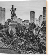 Boston Public Garden Skyline And Washington Monument In Black And White Wood Print